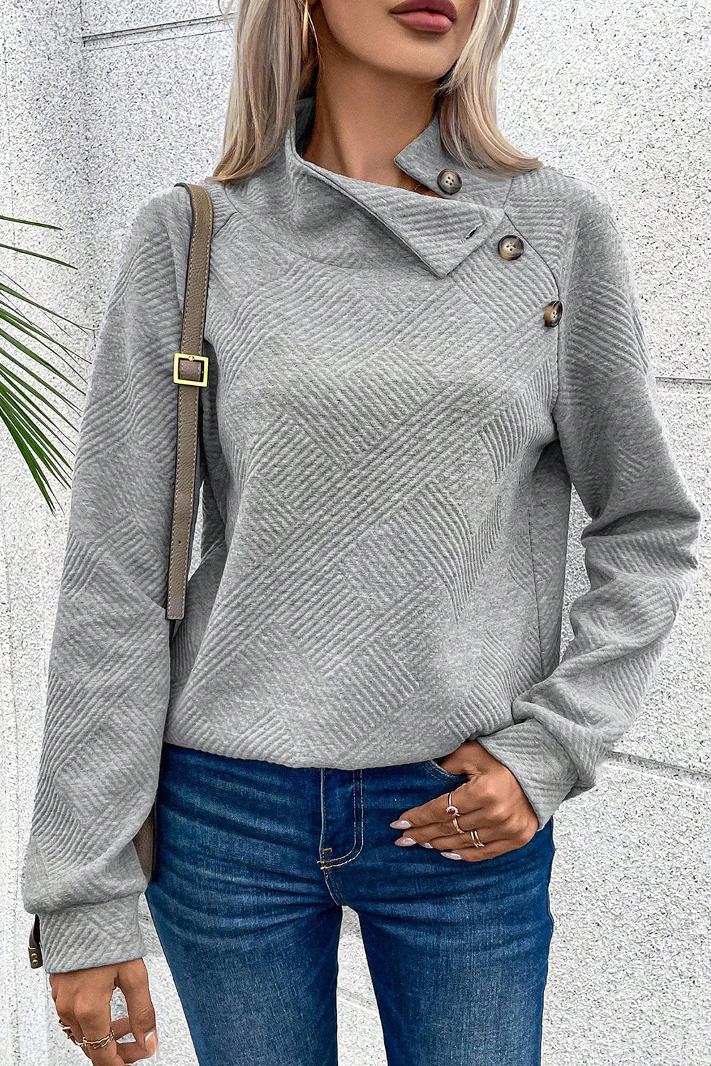 Light Grey Textured Knit Buttoned Kangaroo Pocket Sweatshirt