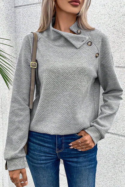 Light Grey Textured Knit Buttoned Kangaroo Pocket Sweatshirt