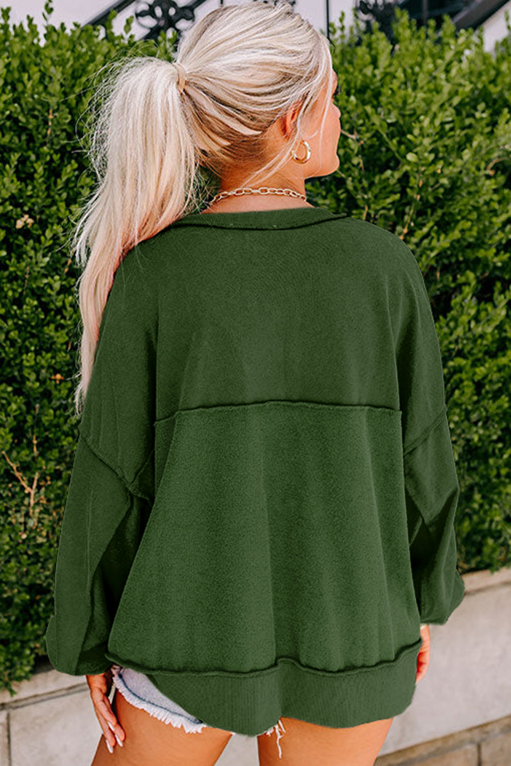 Black Drop Shoulder Henley Buttons Sweatshirt