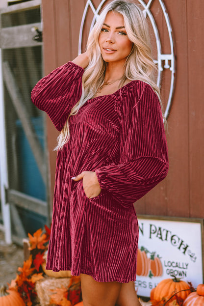 Pink Smocked Ribbed Velvet Babydoll Top