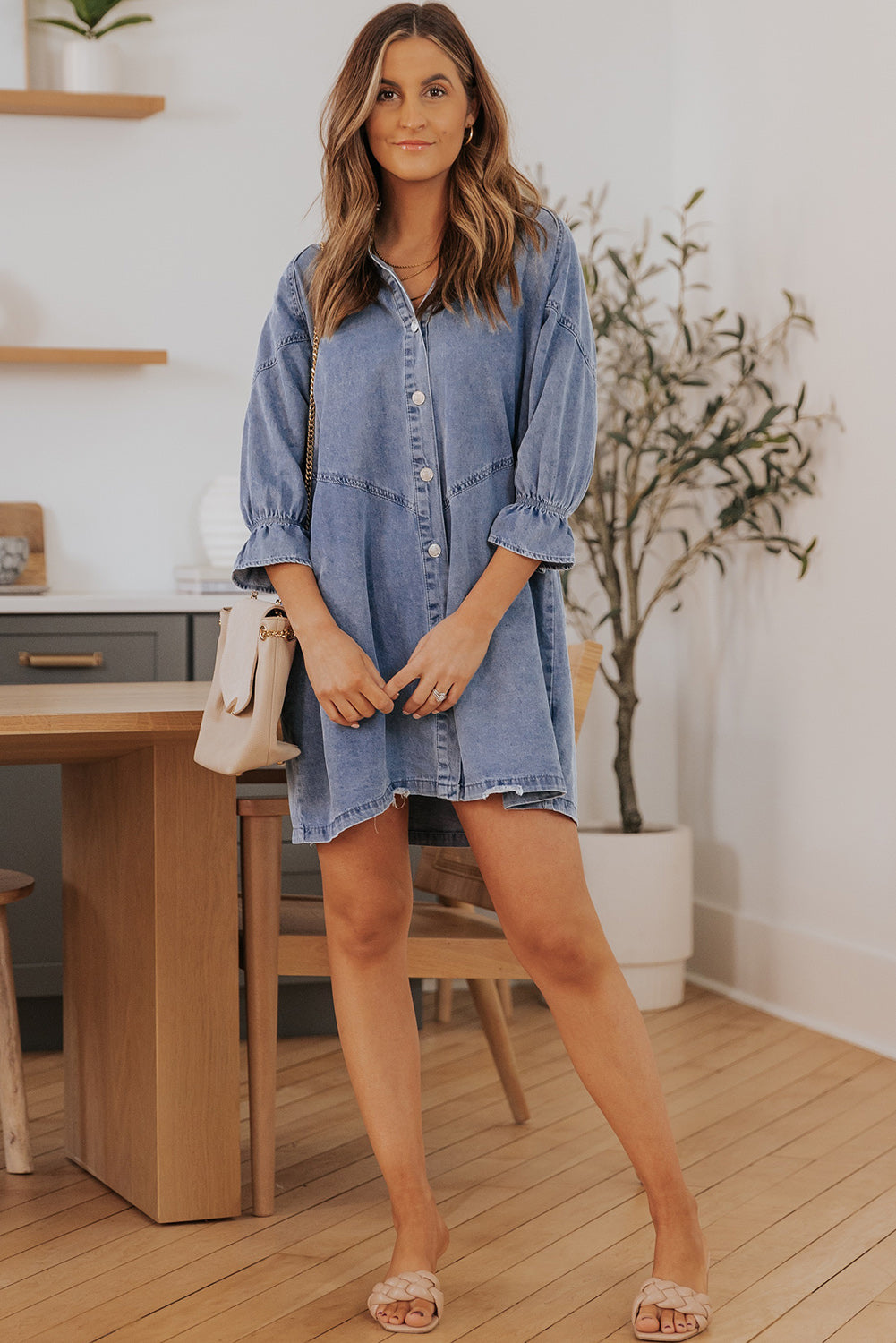 Gray Sequin Nutcracker Graphic Long Sleeve Shirt Denim Dress
