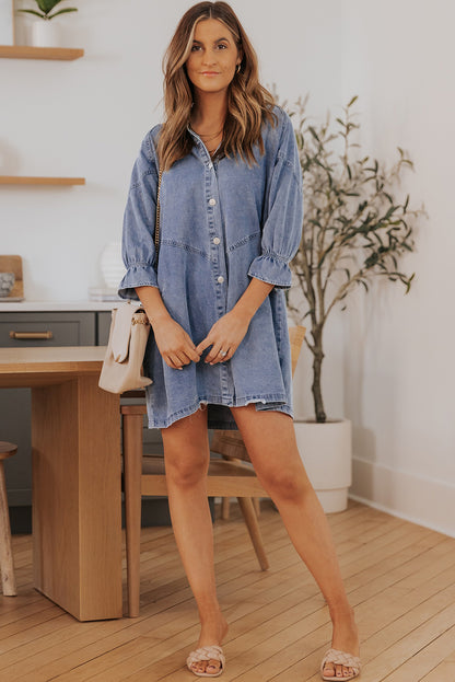 Gray Sequin Nutcracker Graphic Long Sleeve Shirt Denim Dress
