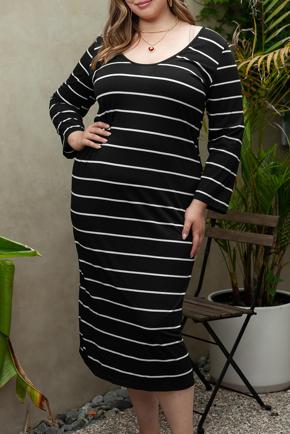 Khaki Stripe Print Open Back Sleeveless Maxi Dress with Slits