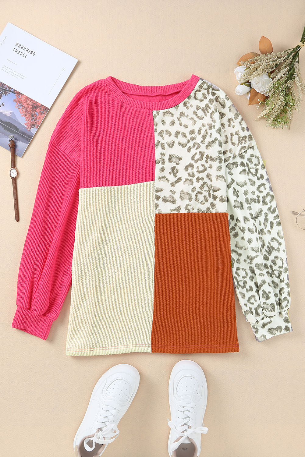 Khaki Ribbed Color Block Leopard Splicing Plus Size Top