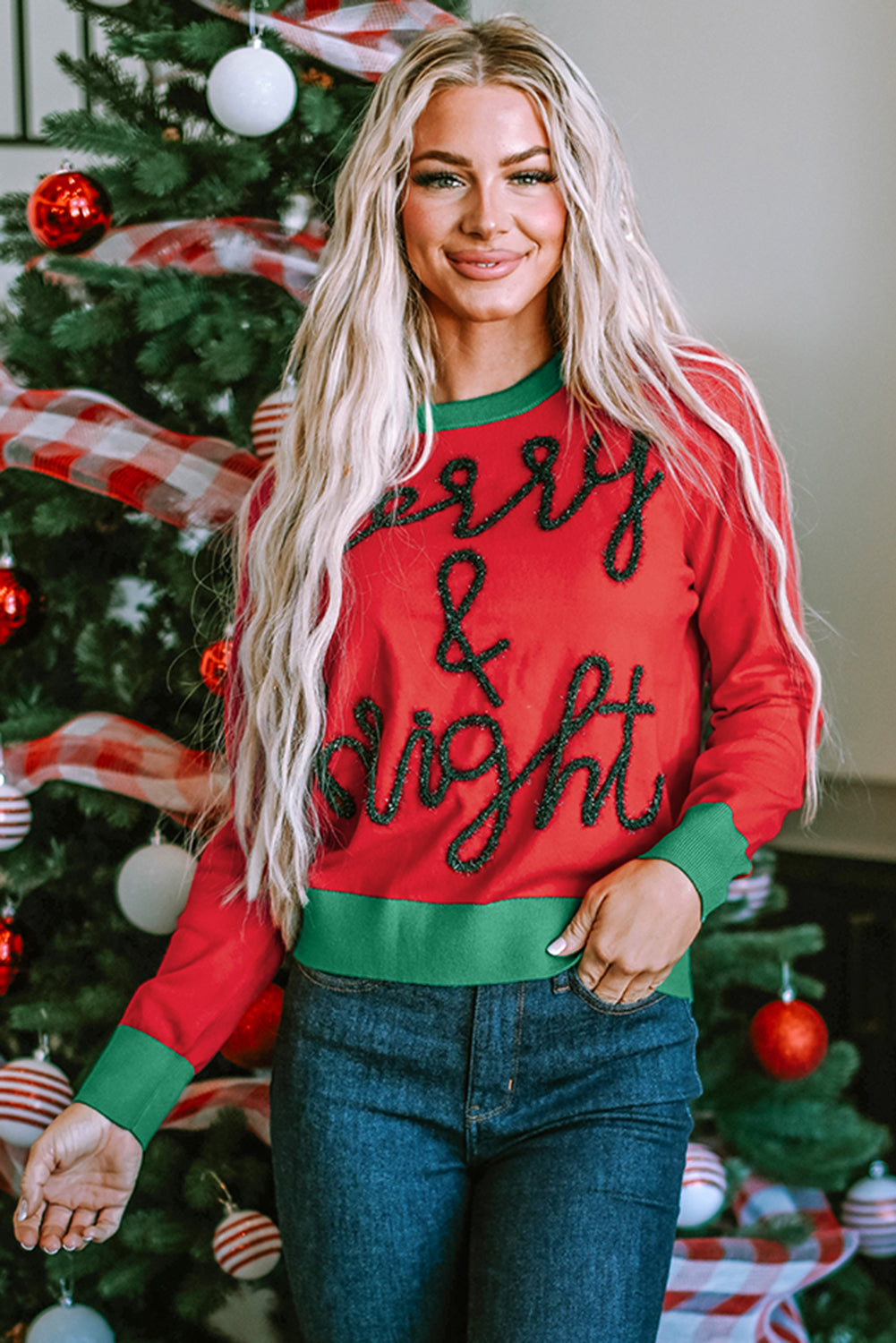 Black Holly Jolly Round Neck Casual Sweater