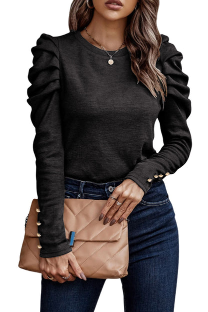 Gray Buttoned Puff Long Sleeve Sheath Top