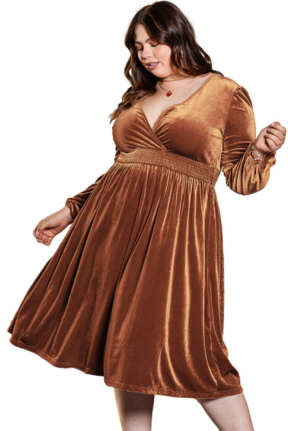 Camel Wrap V Neck Smocked High Waist Velvet Midi Dress