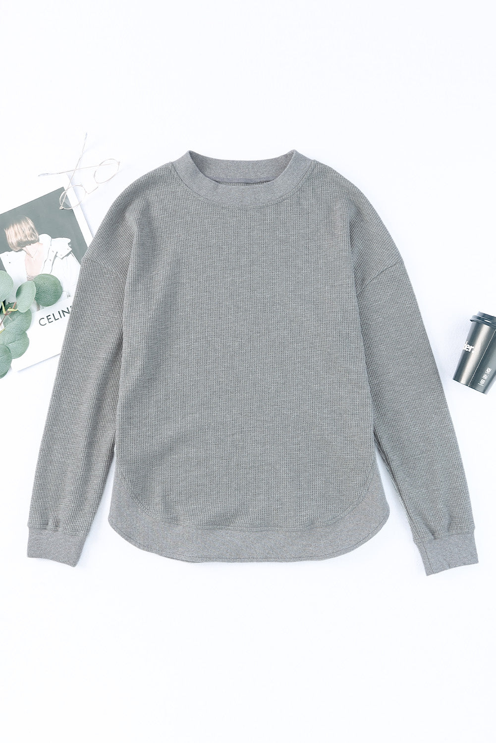 Pink Crew Neck Ribbed Trim Waffle Knit Top