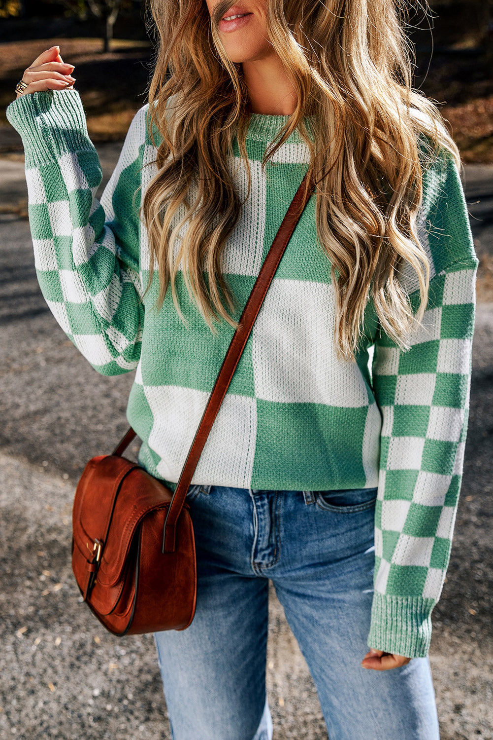 Medium Grey Checkered Print Drop Shoulder Sweater