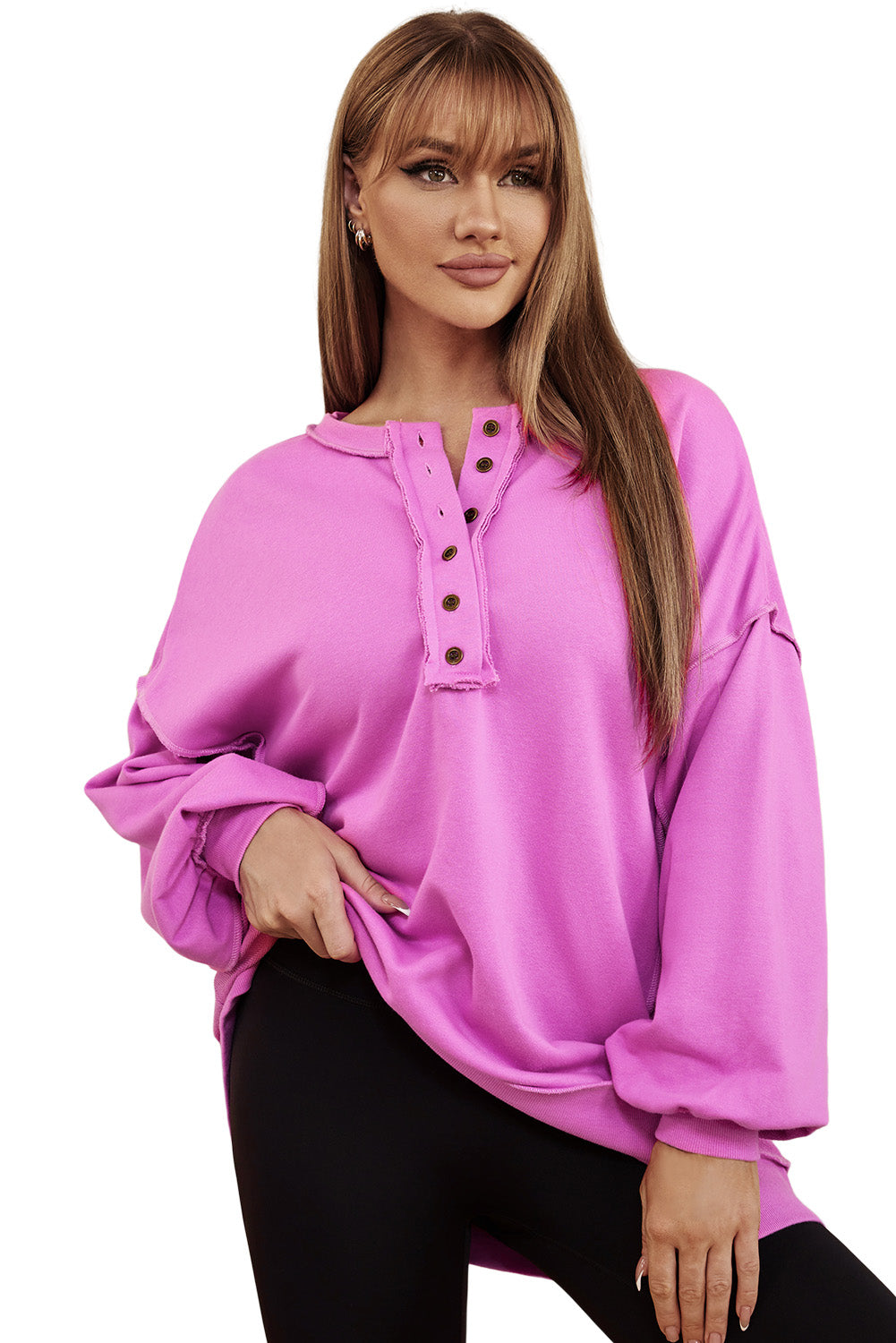 Green Oversized Exposed Seam Henley Sweatshirt