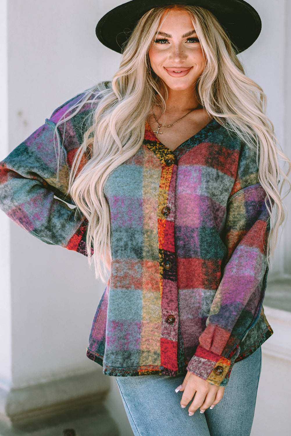 Multicolor Brushed Plaid Buttoned Pullover Oversized Hoodie