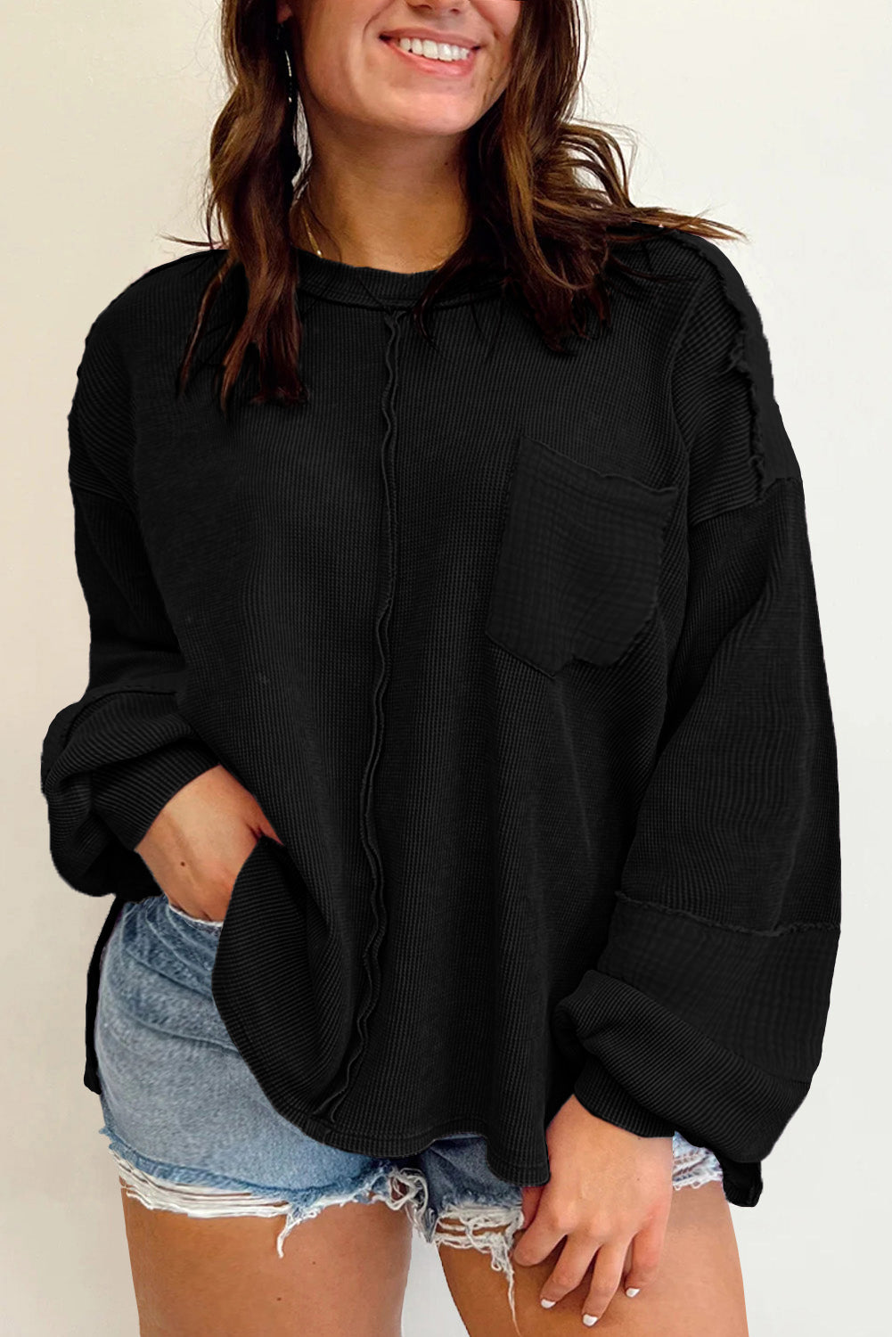 Gray Exposed Seam Patchwork Bubble Sleeve Waffle Knit Top