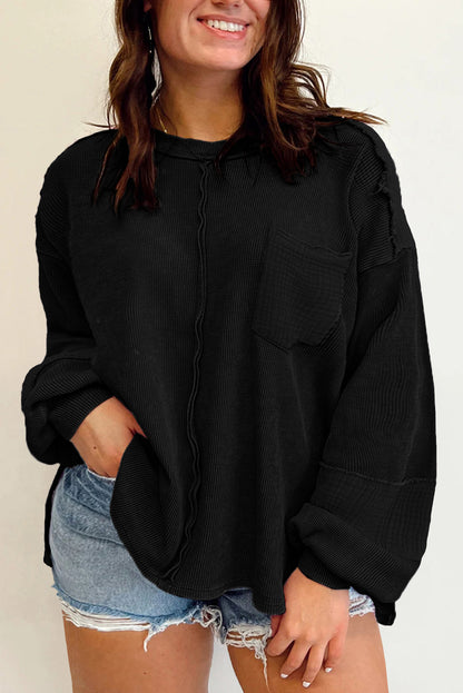Gray Exposed Seam Patchwork Bubble Sleeve Waffle Knit Top
