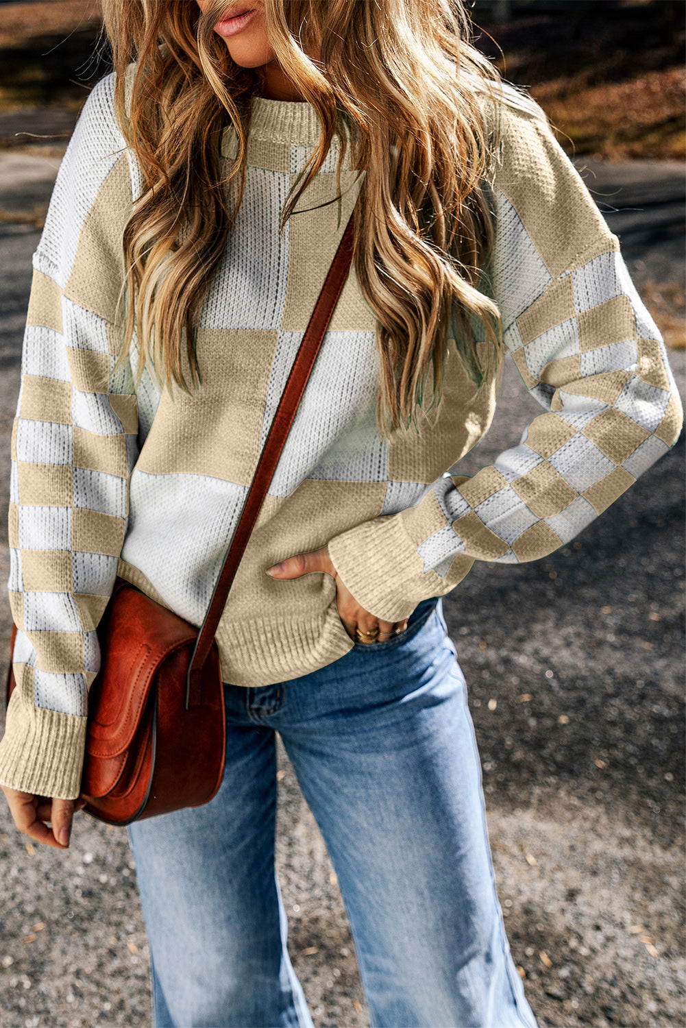 Medium Grey Checkered Print Drop Shoulder Sweater