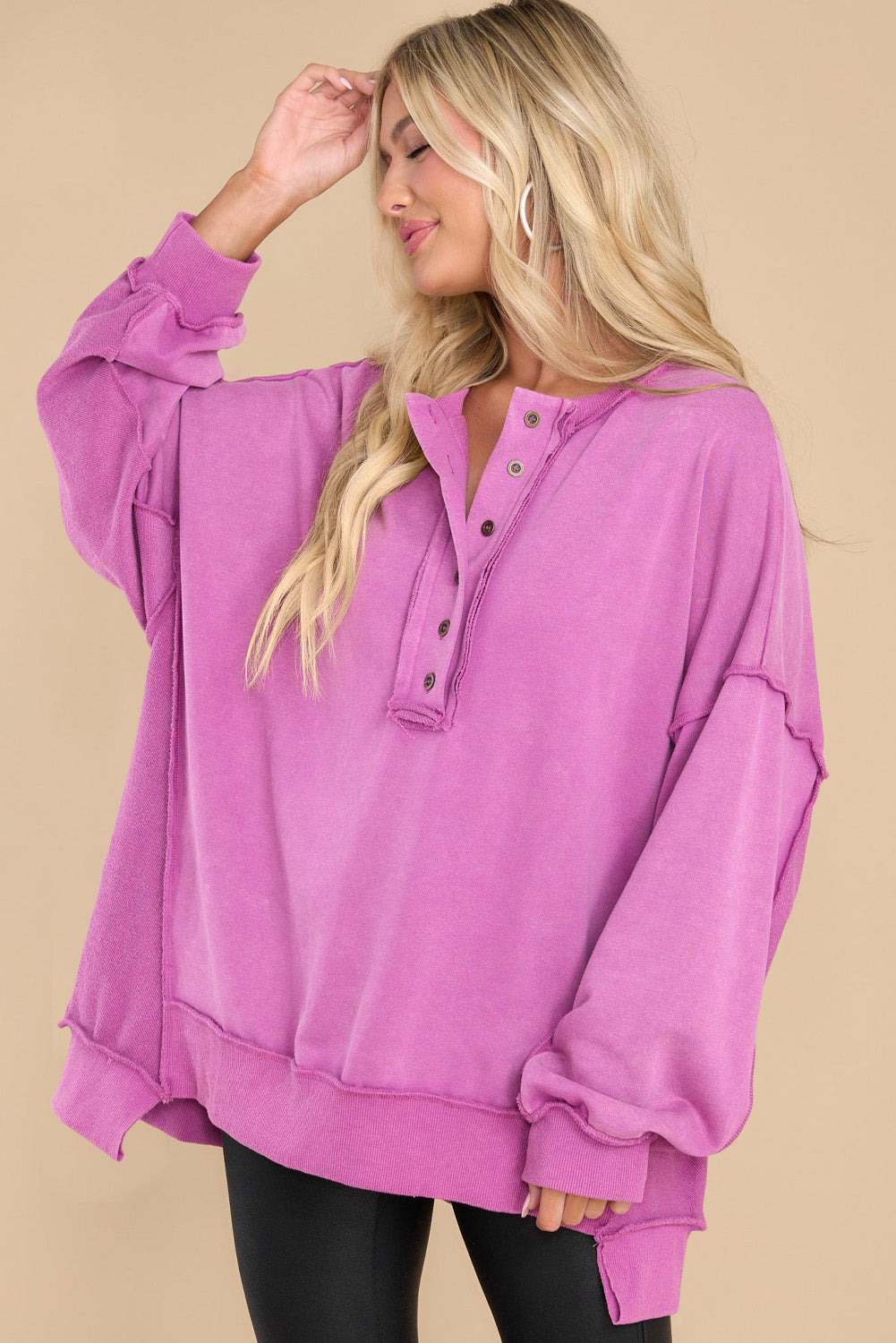 Green Oversized Exposed Seam Henley Sweatshirt