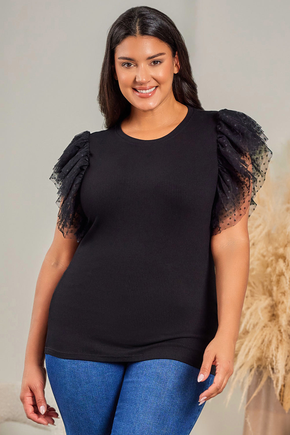 Black Dotty Mesh Ruffle Sleeve Ribbed Knit Top