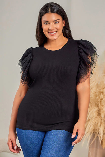 Black Dotty Mesh Ruffle Sleeve Ribbed Knit Top