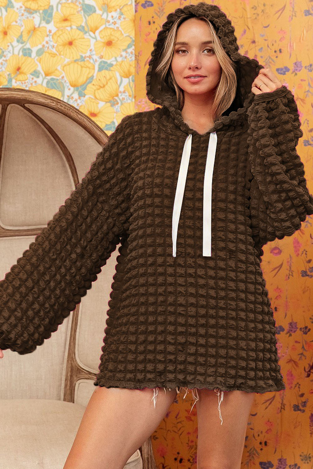 Green Bubble Textured Waffle Hoodie