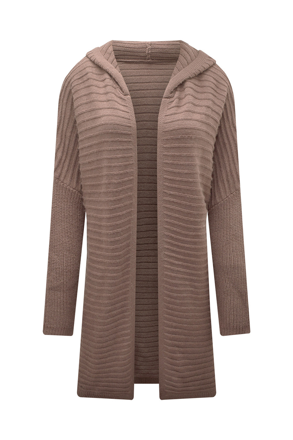 Black Horizontal Rib Knitted Open Front Hooded Cardigan