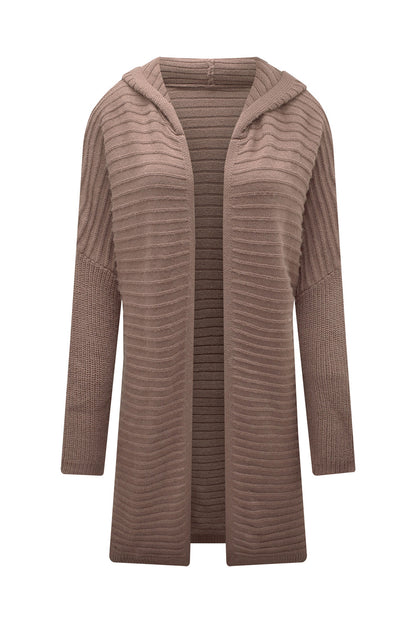 Black Horizontal Rib Knitted Open Front Hooded Cardigan