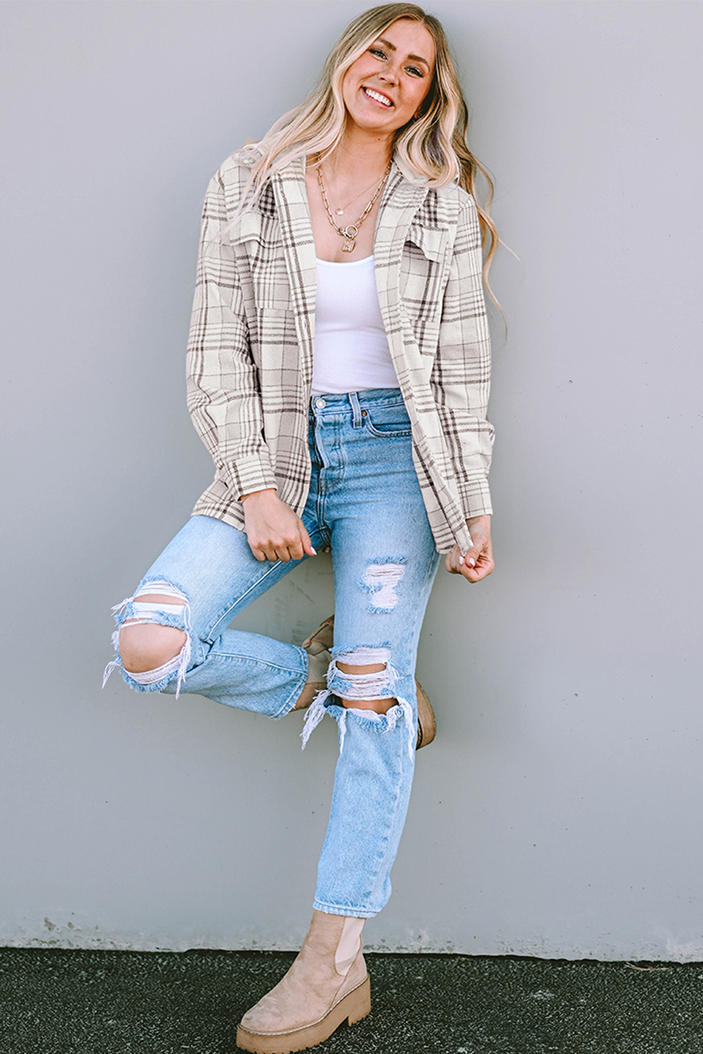 Khaki Printed Plus Size Plaid Print Contrast Hooded Shacket