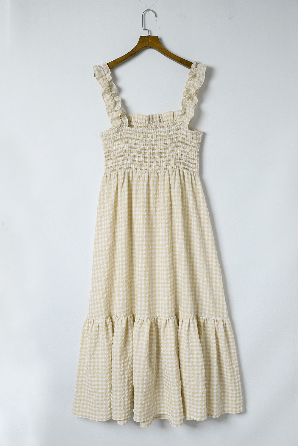 Khaki Plaid Ruffled Square Neck Smocked Tiered Maxi Dress