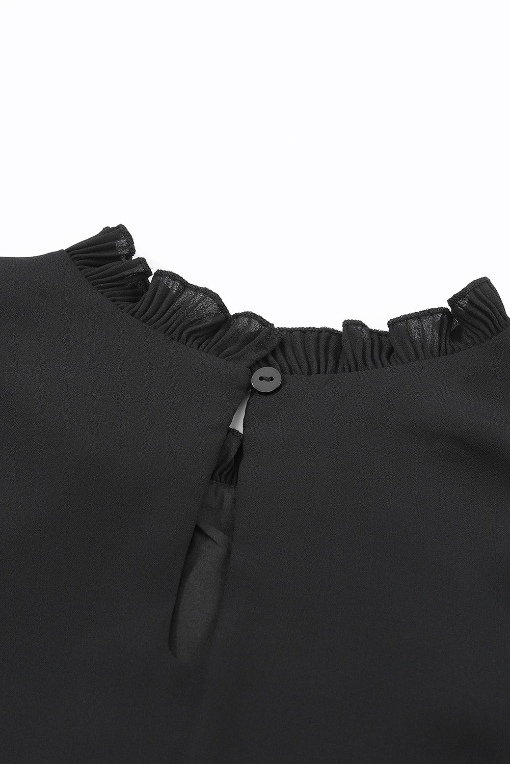 Rose Button Keyhole Back Pleated Ruffle Trim Blouse