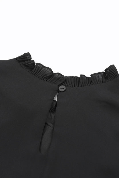 Rose Button Keyhole Back Pleated Ruffle Trim Blouse