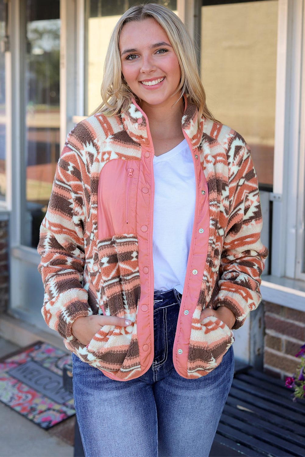 Black Western Colorblock Snap Buttoned Sherpa Jacket