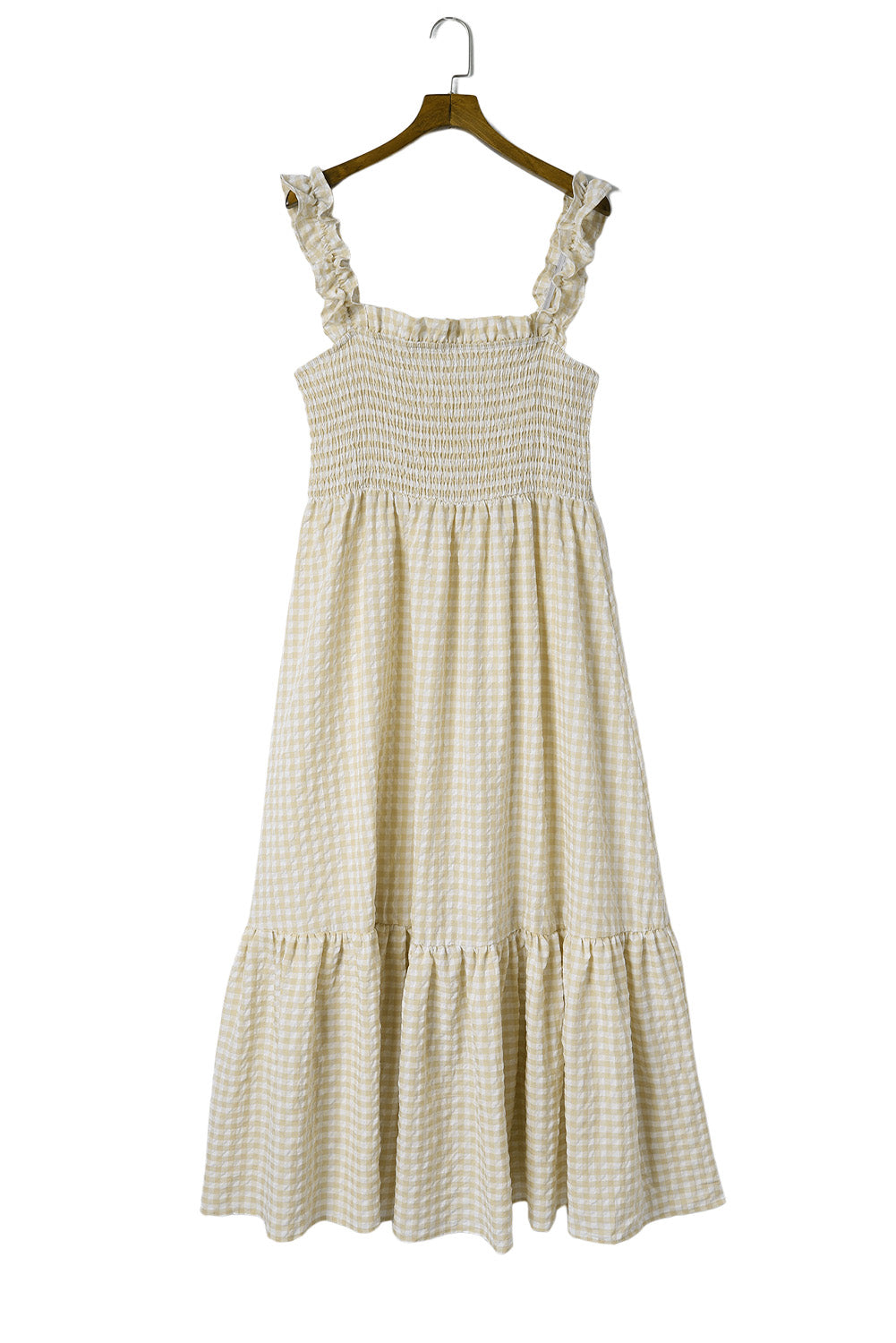 Khaki Plaid Ruffled Square Neck Smocked Tiered Maxi Dress