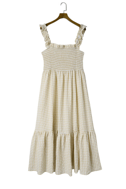 Khaki Plaid Ruffled Square Neck Smocked Tiered Maxi Dress