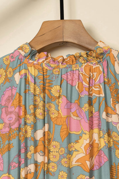 Sky Blue Floral Print Loose Fit Ruched V Neck Blouse
