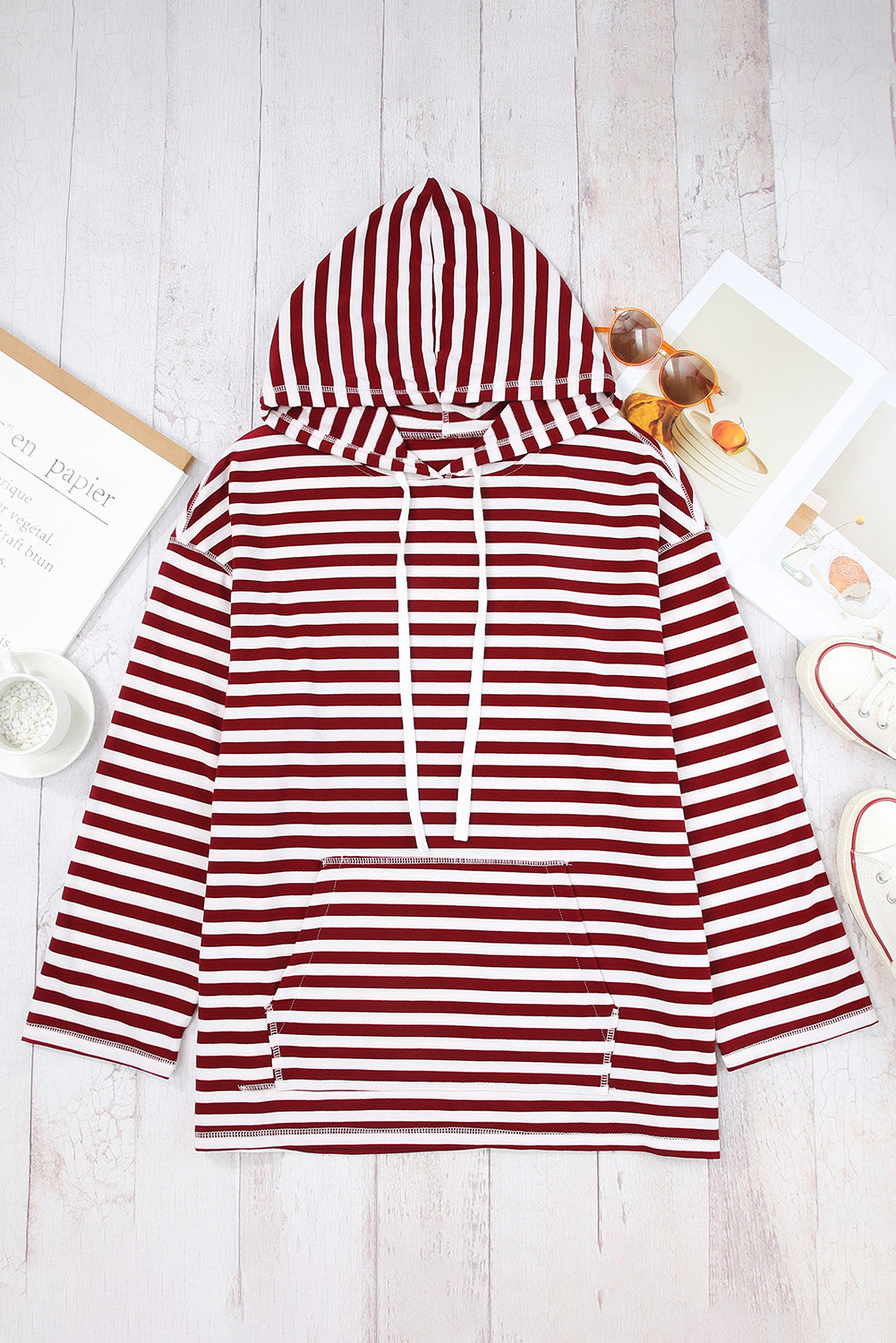 Stripe Kangaroo Pocket Drawstring Hoodie