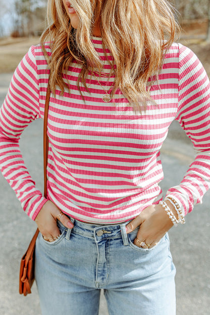 Black Striped Print Textured Knit Long Sleeve Tee