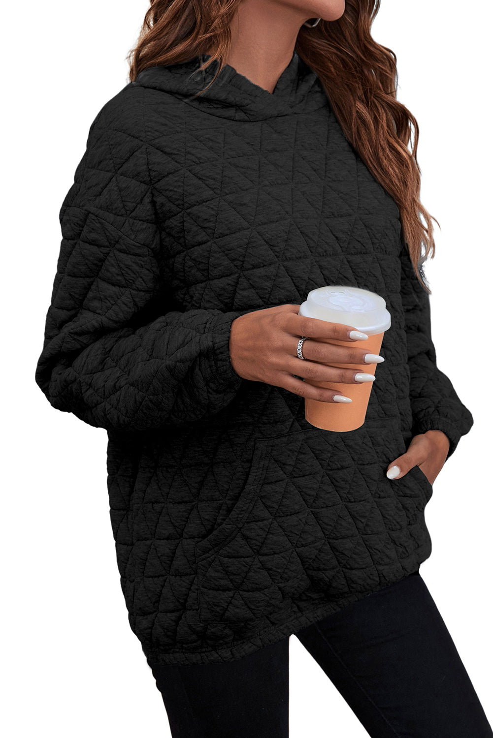 Coffee Solid Color Quilted Kangaroo Pocket Hoodie