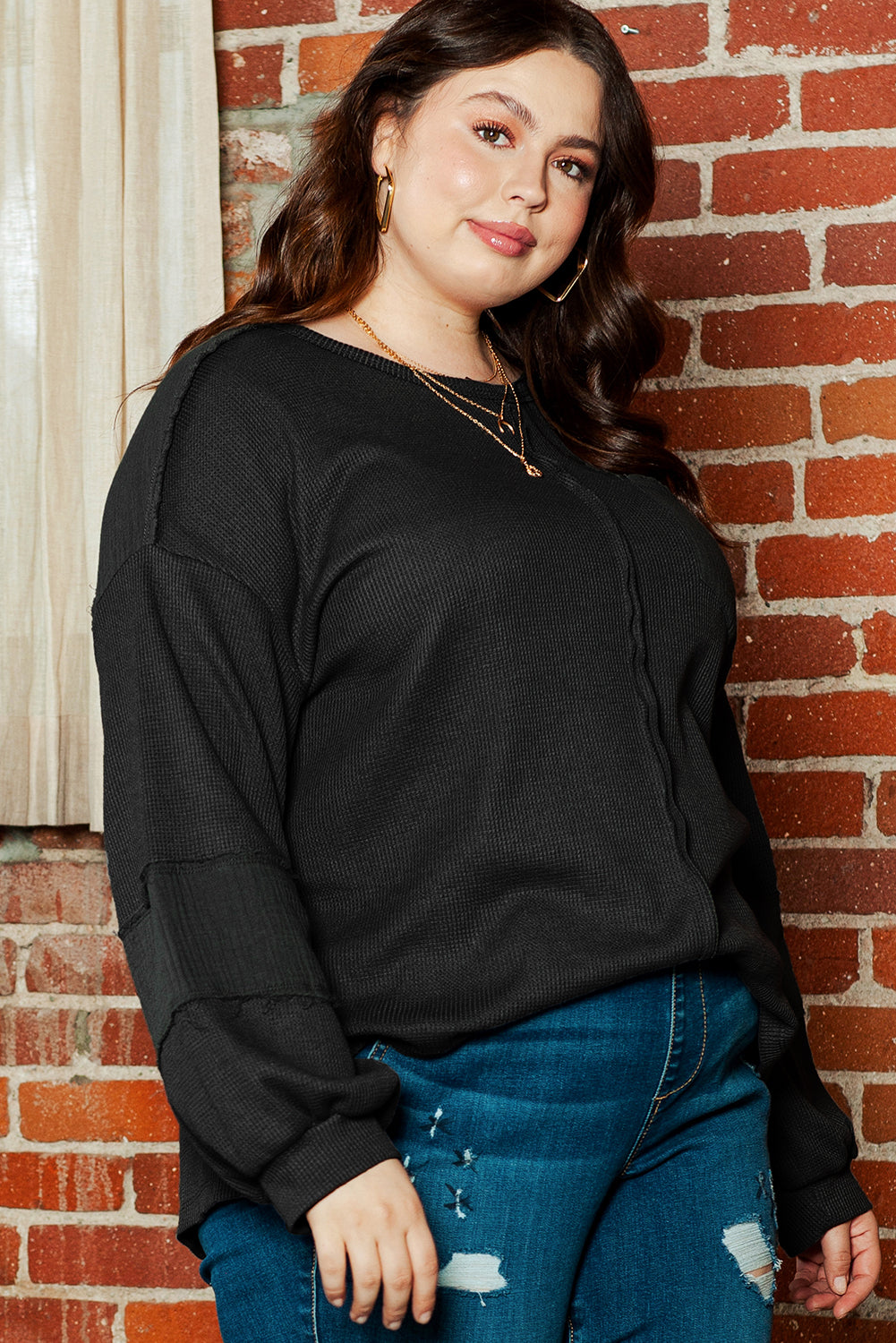 Gray Exposed Seam Patchwork Bubble Sleeve Waffle Knit Top