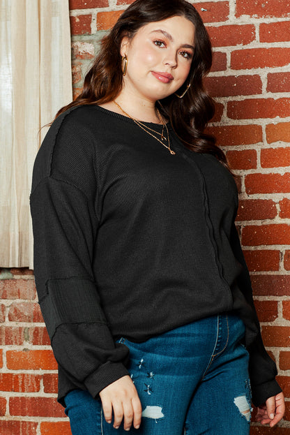 Gray Exposed Seam Patchwork Bubble Sleeve Waffle Knit Top