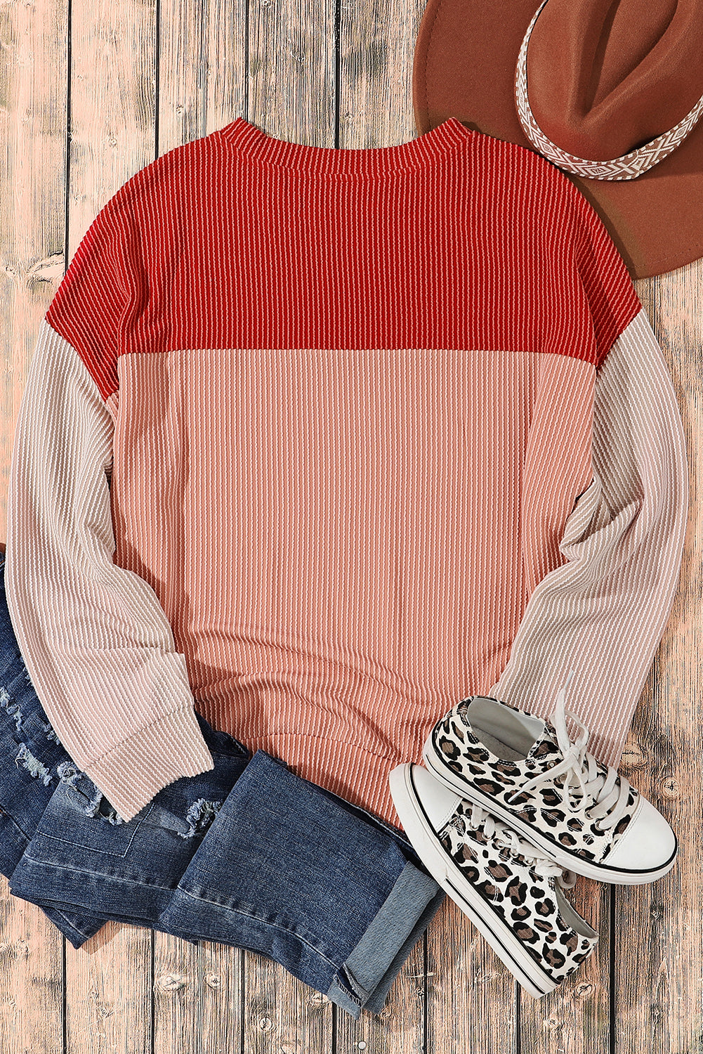 Mineral Red Plus Size Ribbed Colorblock Long Sleeve Top