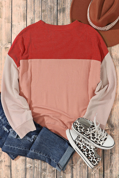 Mineral Red Plus Size Ribbed Colorblock Long Sleeve Top