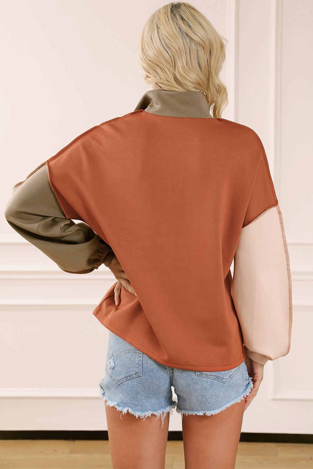 Khaki Exposed Seam Color Block Zipped Sweatshirt