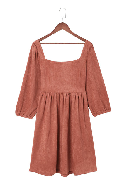 Jungle Green Suede Square Neck Puff Sleeve Dress