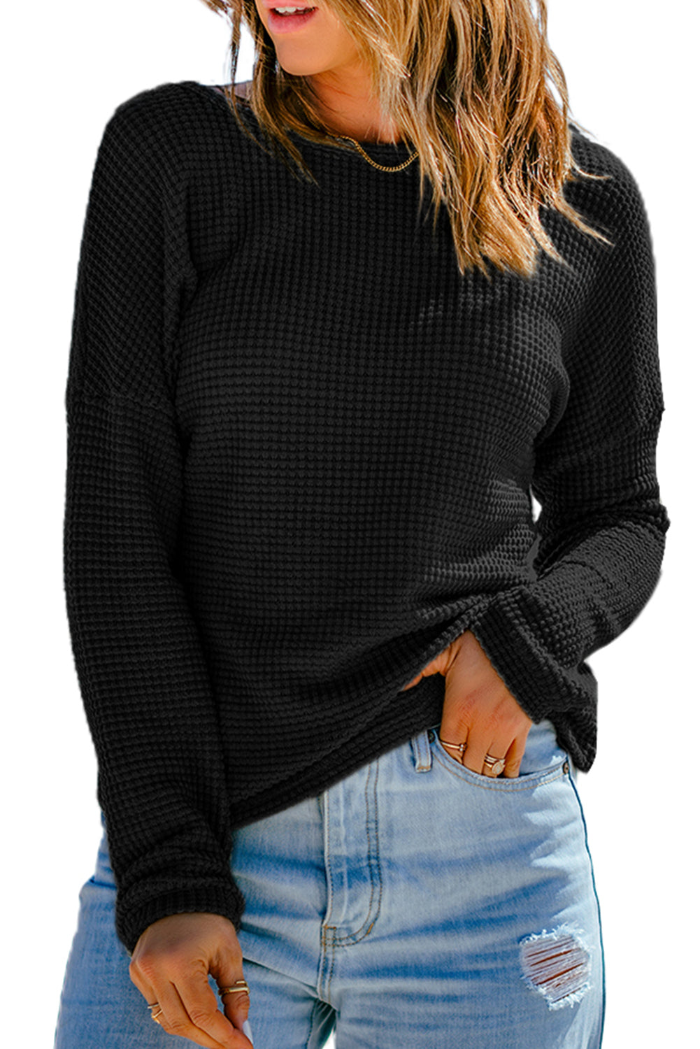 Fiery Red Waffle Knit Drop Shoulder Long Sleeve Top