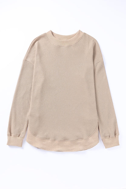 Pink Crew Neck Ribbed Trim Waffle Knit Top