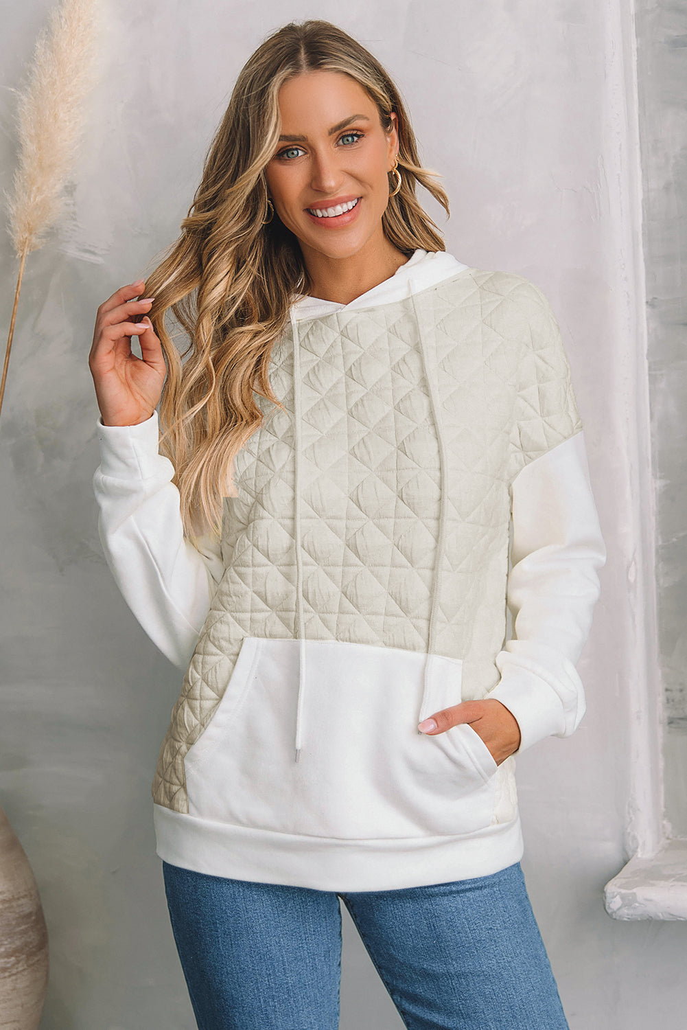 Coffee Solid Color Quilted Kangaroo Pocket Hoodie