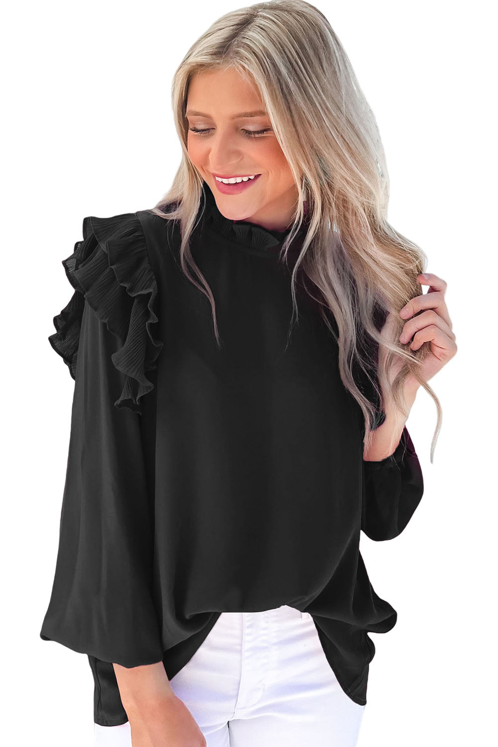 Rose Button Keyhole Back Pleated Ruffle Trim Blouse