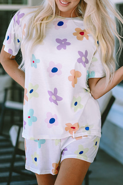 White Floral Long Sleeve Henley Top and Drawstring Shorts Set