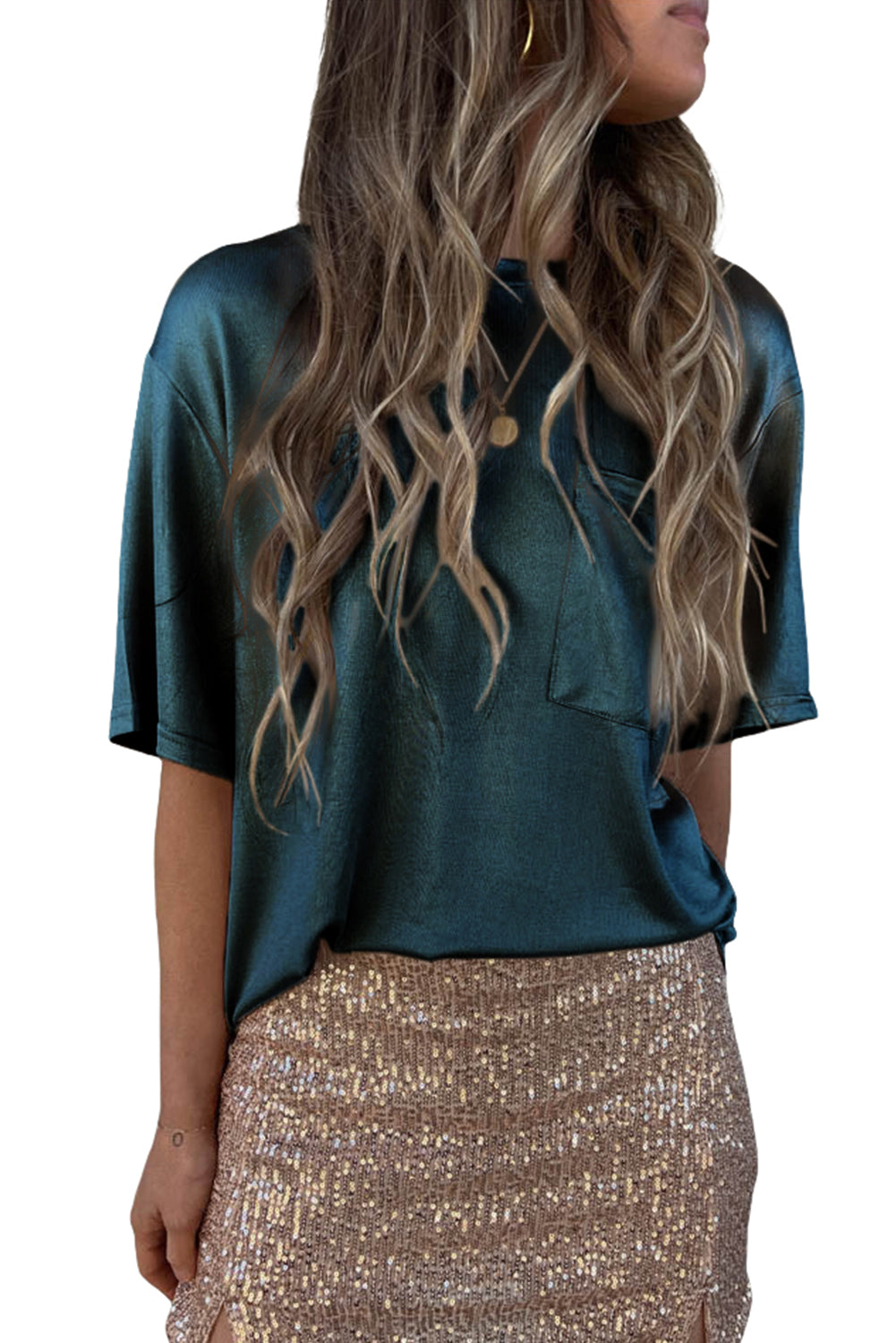 Apricot Glitter Chest Pocket Round Neck Long Sleeve Top