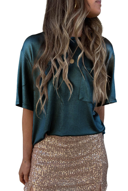 Apricot Glitter Chest Pocket Round Neck Long Sleeve Top