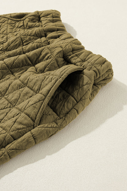 Coffee Solid Color Quilted Kangaroo Pocket Hoodie