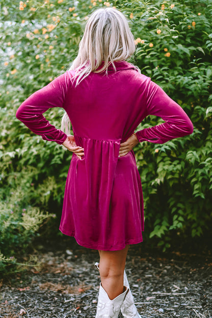 Black Long Sleeve Ruffle Velvet Button Up Dress
